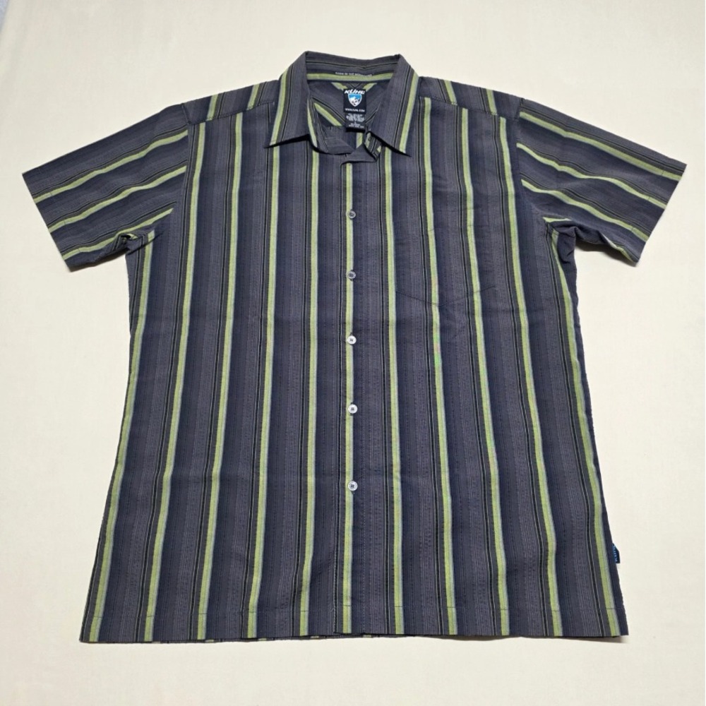 Kuhl Men Large Grey/Green Striped Short Sleeve Button Up Sport Shirt Slim Fit